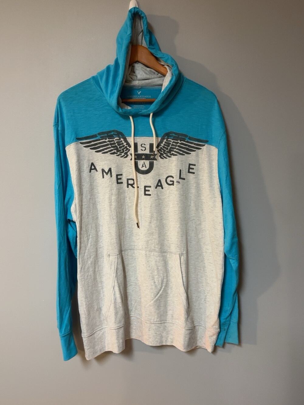 American Eagle Hoodie Mens XXL Blue Gray Wing Logo Graphic Pullover Lightweight
